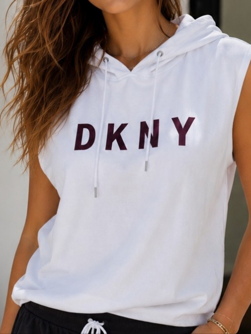 DKNY White Sleeveless Hooded Tank with Burgundy Logo